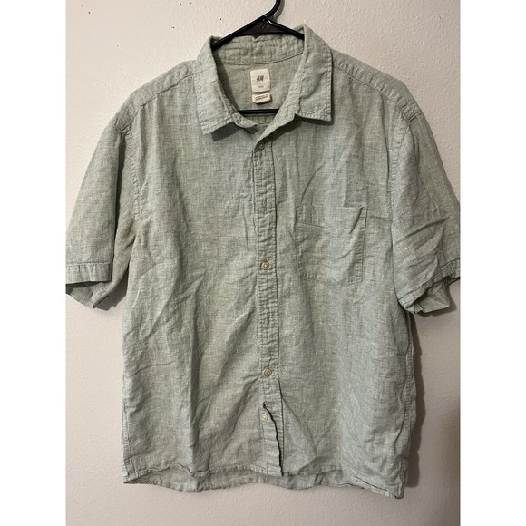 H&M Men's Long Sleeve Button Up Regular Fit Linen Blend Shirt Size L Green - Picture 1 of 6